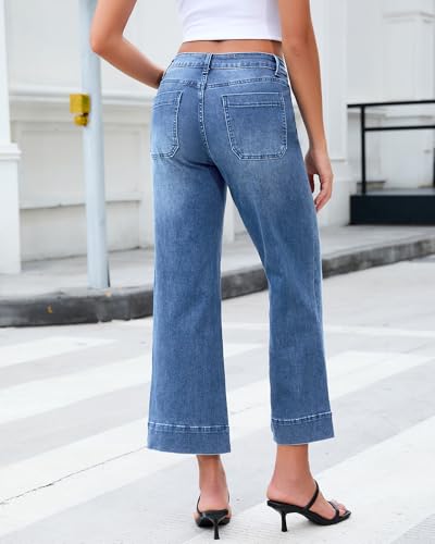LookbookStore Wide Leg Cropped Jeans for Women High Waisted Stretchy Denim Jean Pants Baggy Flare Trouser Jeans Pockets4