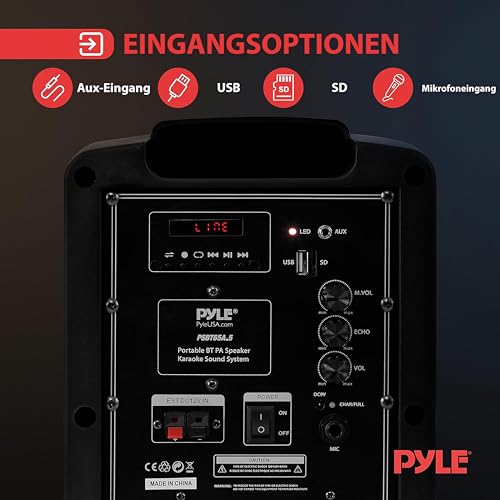 Pyle PA Musikbox, Partybox, Tragbare Karaoke Maschine mit Mikrofon, Party Lautsprecher mit Bluetooth, Sound Anlage 6,5’’ Subwoofer, PA Anlage Komplettset, Karaoke Set LED-Akku-Anzeige, MP3/USB/SD 600W