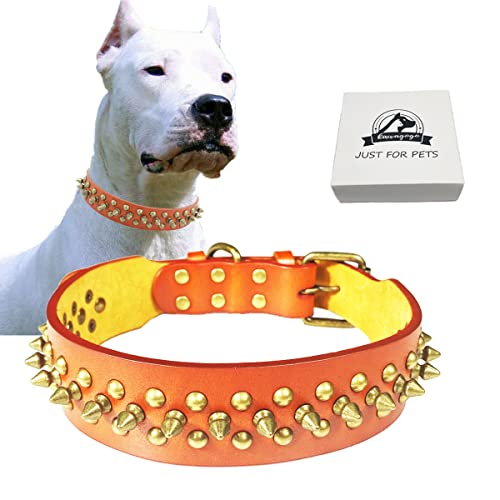 Kawagogo Luxury Genuine Leather Spiked Dog Collar,Protect The Dog s Neck from Bites,Suit Large Medium Dogs,Pitbull Boxer German Shepherd Doberman(Orange, XL)