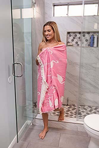 Infusezen Turkish Towel - Thin & Absorbent Peshtemal Beach Bath Towels - 100% Cotton Oversized Hammam Fouta Towel Lightweight Pool, Gym, Travel Towel With Flamingo Design (Pink) #TOP3