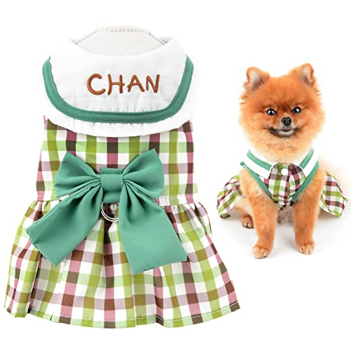 SMALLLEE_LUCKY_STORE ペット服 犬 服 春 夏 可愛い チェック ワンピース 蝶結び付き 小型犬 超小型犬 子犬 セーラー襟スカート 洋服型ハーネス Dリング付き 猫服 涼しい 袖なし女の子 姫様ドレスドッグウェア犬の服 チワワ服お散歩