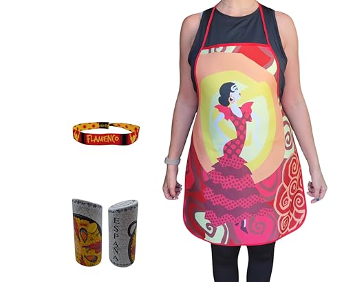 Set Flamenco – Delantal con Diseño de Bailaoras de Flamenco, Salero y Pimentero y Pulsera Bordada | Souvenir de España, Regalo Flamenco y Accesorios de Cocina Decorativos (Bailaoras SyP)