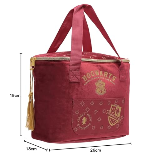 Warner Bros Harry Potter Gryffindor Alumni Lunch Bag – Official Red Velvet Insulated Lunch Tote with Embroidered Hogwarts Crest, Tassel Zippers – School Lunch Box for Kids, Teens & Adult Fans