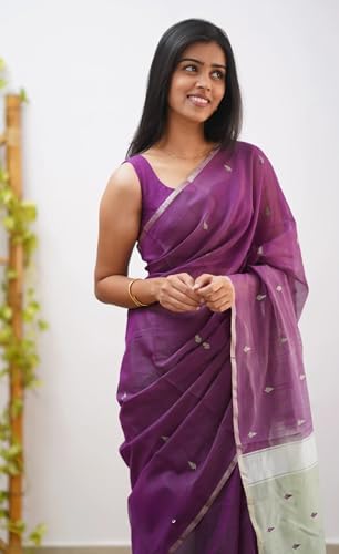 Image of Women's Cotton Woven Soft Sarees With Attach Blouse Piece.
