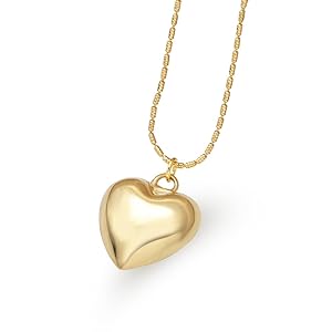 Puffy Puffed Heart Necklace – 14K Gold Plated Heart Chain with Charm, Hypoallergenic and Water-Resistant, Tarnish-Free Necklace, Elegant Chain Pendant Heart Necklace for Women