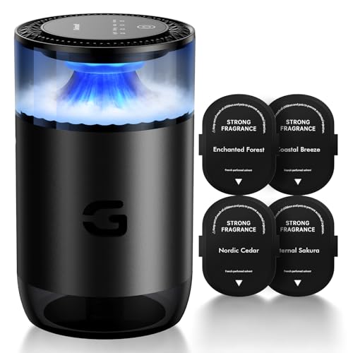 Smart Car Air Freshener Diffuser, Waterless Essential Oil Diffuser with 4 Modes, 4 Scent Refills, Auto On/Off, USB – C Rechargeable Wireless, Ambient Light for Home/Car Use (5502-Black)