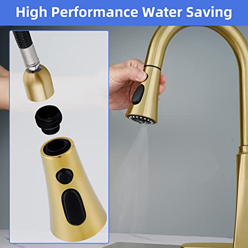 Ifealclear Gold Kitchen Faucet Head Replacement, 3 Modes Pull Down Faucet Spray Head Replacement Compatible With Moen Delta American Standard Kitchen Sink Faucet, 9 Adapters Available, Polish Gold #TOP2