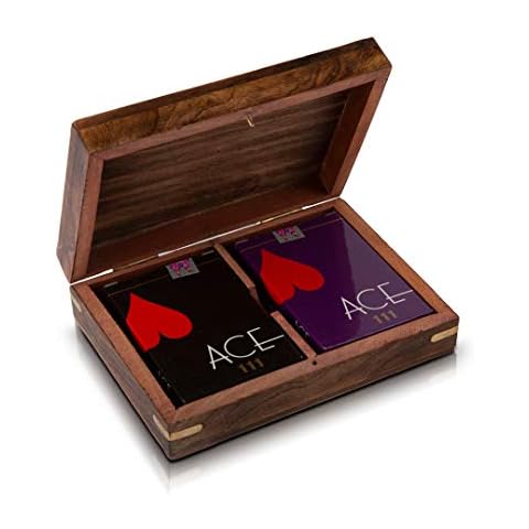 Unique Birthday Gift Ideas Handcrafted Classic Wooden Playing Card Holder Deck Box Storage Case Organizer With 2 Sets of Premium Quality 'Ace' Playing Cards Anniversary Housewarming Gifts Him Her Cover