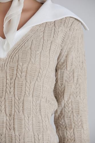 Image of Sweaters for Women Fashion Long Sleeve Lapel Collar V Neck Casual Knit Color Block Pullover Sweater