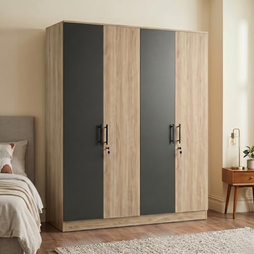 Image of FFO Tokyo 4 Door Wooden Wardrobe for Bedroom with Hanging Rod, Shelves & Lock | Modern Clothes Storage Almirah /Cabinet with Black & Milok Wood | Wardrobe Organizer for Clothes, Dresses DIY.