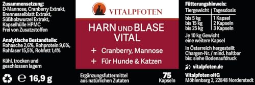 Vitalpfoten 75 Harn und Blase Vital Kapseln für Hunde & Katzen mit Cranberry, Mannose und Brennnessel, pflanzliche Hausmittel - Rezeptur für die Blase und Harnwege
