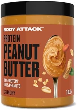 Body Attack Peanut Butter Crunchy, 1kg - Erdnussbutter mit Stückchen, 30% Protein ohne Zuckerzusatz, vegan, ohne palmöl