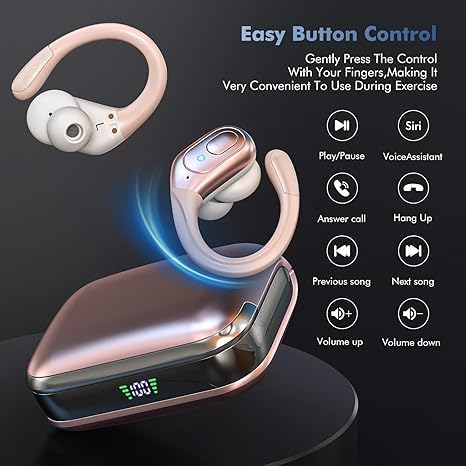 HAOYUYAN Auriculares inalámbricos Bluetooth 5.4 Over-Ear, cancelación de Ruido, Impermeables IPX7, Pantalla LED de batería, 75h de reproducción, para Deportes y Entrenamientos - Oro Rosa