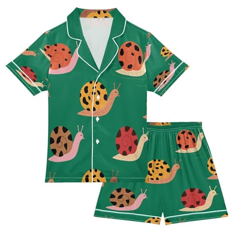 Satin Pajama Sets Short Sleeve Pattern Snail on Green Button Down Silky Nightwear 2 Piece PJS 5-14Y