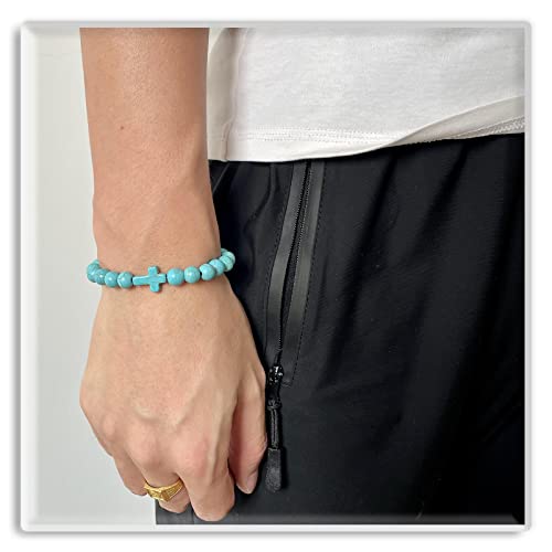 Image of Xusamss Fashion Religious Cross Bracelet 8mm Tiger Eye Turquoise Beads Elastic Bracelet,7 1 /2 wrist