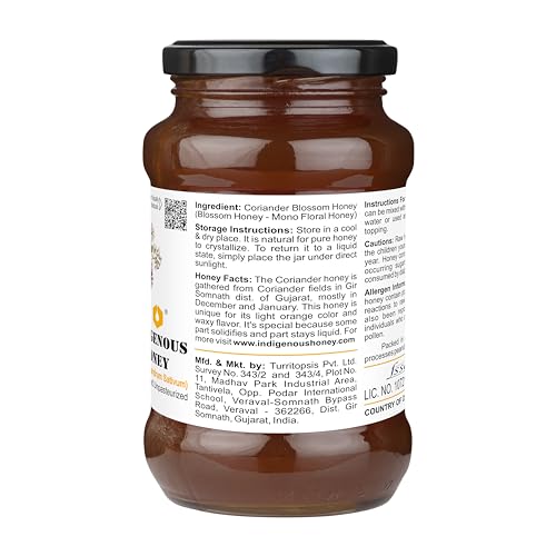 Image of INDIGENOUS HONEY Coriander Honey Raw Organic Natural Pure Unprocessed NMR Tested Unpasteurized Unheated 530g Glass Jar Pack of 1