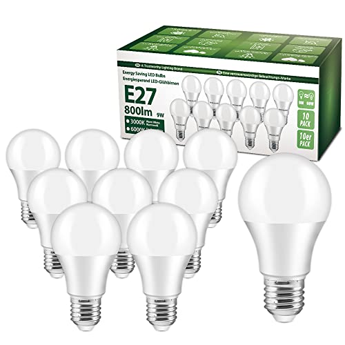 Bombilla LED E27, OGADA 9W 800 lúmenes, Recambio halógena 60W, blanco frío (3000K) bombillas A60, 10 piezas Cover