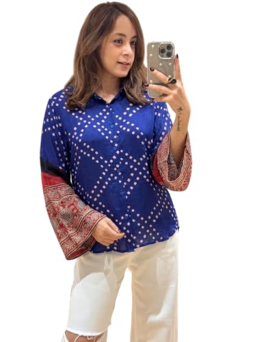 Stylish Japan Satin Bandhani Bell Shirt with Stylish Collar and Flared Cuff Design for Office, College, Travel