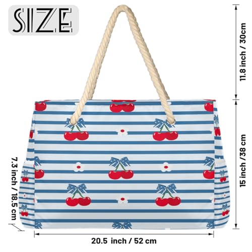 Striped Cherry Beach Bag for Women Waterproof Sandproof Tote with Zipper Cotton Rope Handles for Travel Pool Gym Shopping2