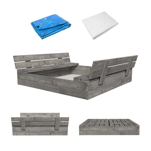 MAMOI® Bac à Sable en Bois | Bac a Sable avec Bache | Bac a Sable en Bois avec Couvercle | Bac à Sable Enfant | Bac à Sable Refermable avec Réservoir d'eau et Jouets (Gris foncé)