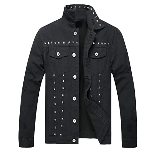 Image of LZLER Men's Denim Jackets Distressed Destroyed Classic Vintage Slim Fit Ripped Fashion Trendy Trucker Jean Jackets