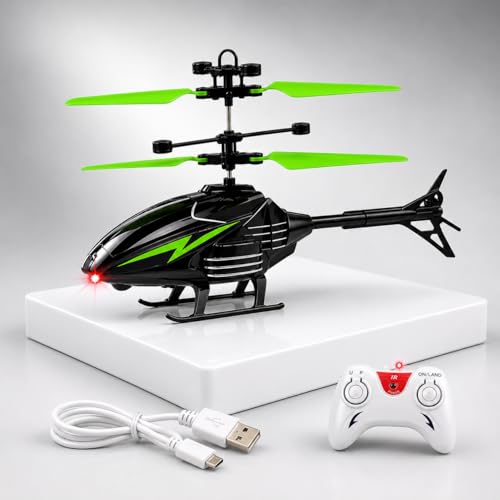 Image of Upgraded 5.1 Gravity Sensor Helicopter Toy for Boys Age 4+, Safety Sensor, 320 RPM Motor, 2.6 Remote, Rechargeable Battery, LED Lights I Pack of 1 (Black Green)