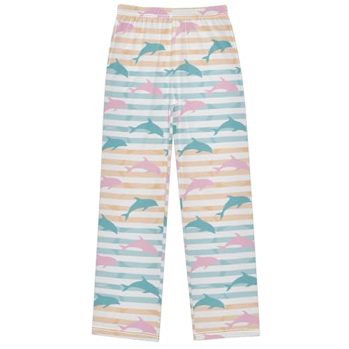 Boy's Pj Pants Pink Green Dolphins Swim Stripe Lounge Bottoms Elastic Waist Kids Joggers with Pockets Size 6-14