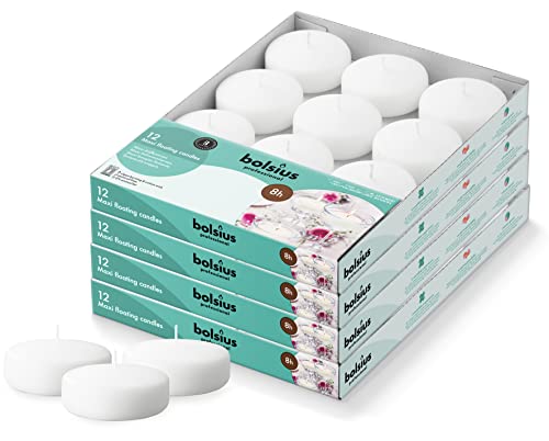 bolsius 3 inch white floating candles - unscented - premium european quality - imbue breathtaking ambiance for romantic wedding centerpieces, decorations, events, pool, holiday, and parties