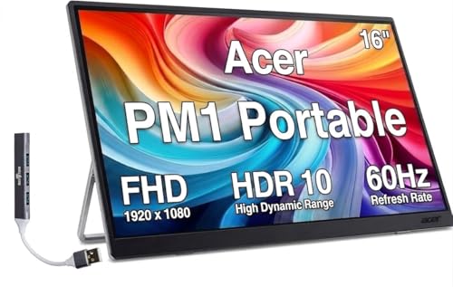Image of Acer PM161Q J 16 inch Portable USB-C IPS Monitor w / HDR10, Built-in Speakers | 6ms Response Time, Anti-Glare, 220 nits Brightness, Mini HDMI & Dockztorm USB Port Expander, Black /Silver Color