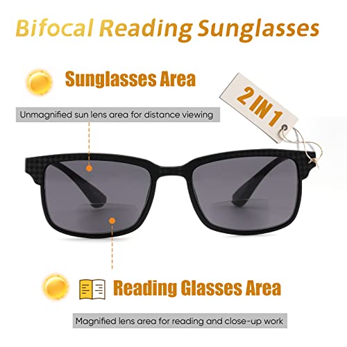 Image of CARA 2 Pack Bifocal Reading Sunglasses for Men, Flexible Super Lightweight TR90 Frame Women Sun Readers, Driving Fishing Outdoor UV400 Protection (Black & Blue, 3.0)