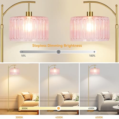 Image of QIYIZM Pink Floor Lamp for Living Room,Bedroom,Gold Dimmable Standing Lamp with Remote,Mid Century Modern Brass Tall Lamp Boho Floor Lamps Arc Stained Glass Flower Floor Light Lamp Girls kids Bohemian