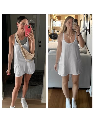 Image of Womens Athletic Sundress with Built-in Shorts Golf Tennis Romper | Sleeveless Mini Spaghetti Strap dress Functional side pockets tummy-friendly fit casual beach vacation