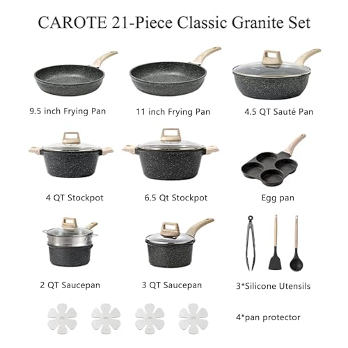 Image of CAROTE 21pcs Pots and Pans Set Nonstick, Cookware Set Black Granite Induction Kitchen Cooking Set w /Frying Pans & Saucepans(PFOS, PFOA Free)