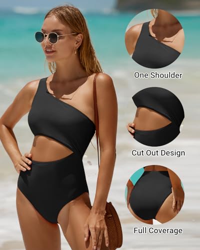 Women's One Piece Swimsuit- One Shoulder Bathing Suit Cutout Tummy Control Swimwear4