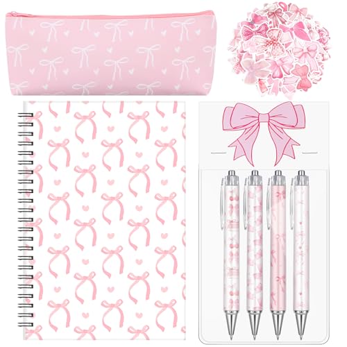 Sayglossy Pink Bow Stationery Gift Coquette School Supplies Set Include Pens Aesthetic Journal Notebook Pencil Case and Stickers Pink Bow Preppy Back to School Supplies for Girl Students