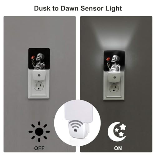 Image of Skull Skeleton Red Rose Night Light Set of 2, Rock and Roll Auto Sensor LED Dusk-to-Dawn Nightlights, Plug-in Sensor Lamp for Bedroom Bathroom Kitchen Hallway Stairs Decorative