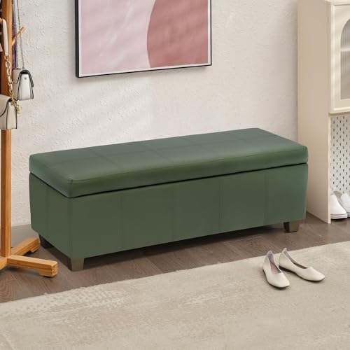 Image of 51 Inch Storage Ottoman, Storage Bench with Safety Hinge, Upholstered Synthetic Leather Ottoman Bench for Bedroom, Living Room, Entryway, Hallway, Foot Rest, Support 500lbs