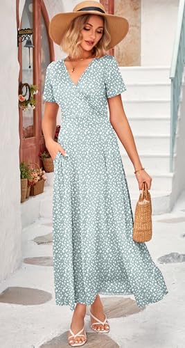 Image of WNEEDU Women's Summer Maxi Dress Short Sleeves Wrap V Neck Long Dresses with Pockets