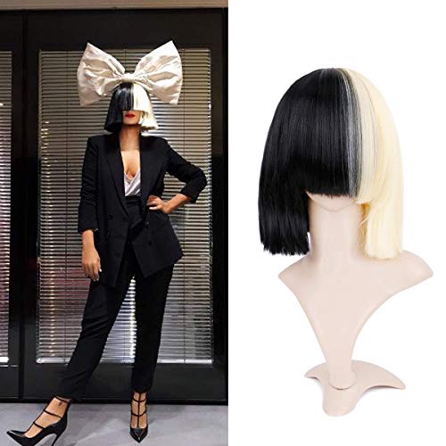 BECUS Demi Blonde et Demi Noir Perruque 2 Tons Teints Court Droite Synthétique Cheveux Cosplay Costume Partie Perruque Bob Perruque