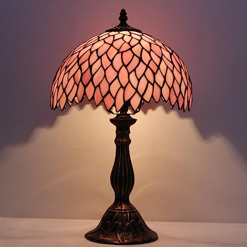 Image of WERFACTORY Tiffany Table Lamp Pink Wisteria Style Stained Glass Desk Light