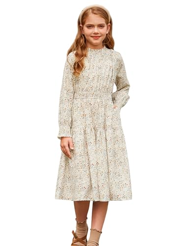 GRACE KARIN Mädchen Elegantes Schulkleid Langarm Blumenkleid Maxi Swing Kleid mit Rüschenausschnitt Beige 8-9 Jahre