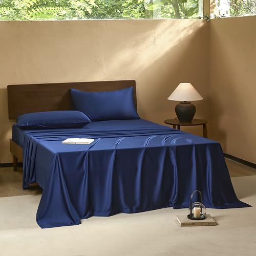 Image of EVERLY Queen Sheets Set,Luxuriously 400 Thread Count Organic Viscose Derived from Bamboo Bed Sheet,Cooling Sheets for Queen Size 4 Piece Deep Pockets Bedding Sheets &Pillowcases-Navy Blue
