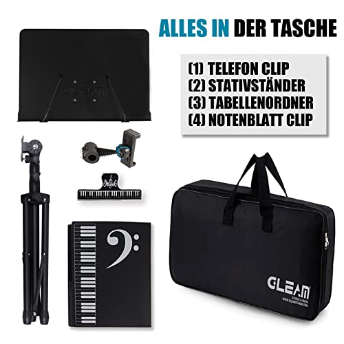 GLEAM Notenständer - Zweifachnutzung Tischbuchständer aus Metall mit Tragetasche, Mappe und Klammer 5 in 1
