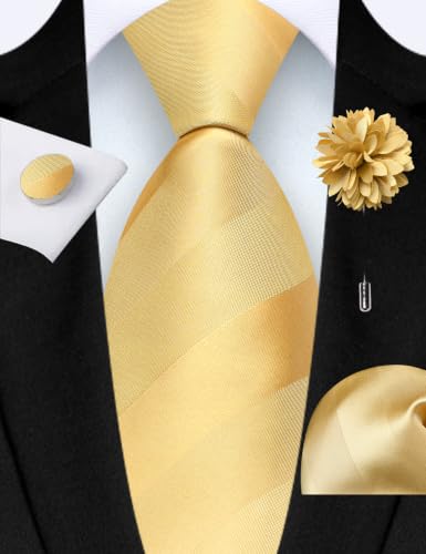 Image of GUSLESON 3.15 inch(8cm) Mens Stripe Tie and Lapel Pin Necktie Hankerchief Cufflinks Set for Men