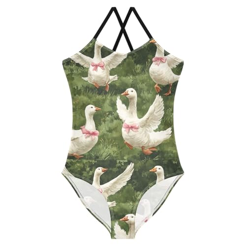 Pigsaly Girls One Piece Swimsuits Watercolor White Goose Pink Bows Kids Cross Back Swimwear Beach Sport Bathing Suit 3T