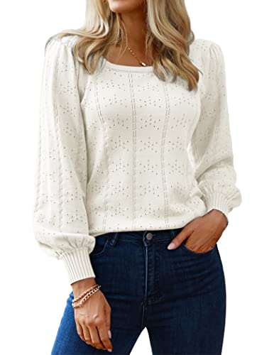 HOTOUCH Sweaters for Women Puff Long Sleeve White Lightweight Casual Square Neck Crochet Knit Cozy Pullover Blouse Top
