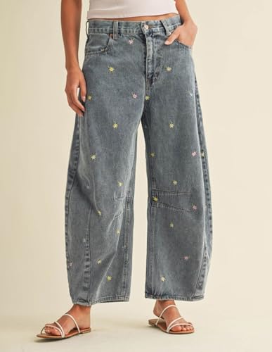 loveimgs Women Boyfriend Baggy Barrel Jeans Mid Rise Wide Leg Jeans Embroidered Denim Ankle Pants Patchwork Sweatpants Y2k3