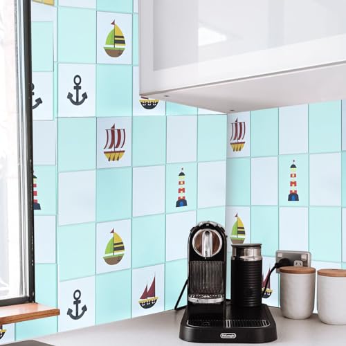Image of SARVATRAY Self-Adhesive Wallpaper, Oil Proof Heat Resistant Kitchen Stickers, Vinyl Sheet for Wall 2 X 6.5 SQ FT (2 M Ship Theme Blue WS)
