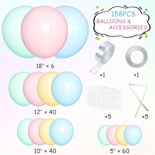 Image of MEBAY Pastel Balloon Garland Arch Kit, 146Pcs Macaron Pink Blue Green Yellow Latex Balloons Different Sizes 18 12 10 5 Inch for Gender Reveal Baby Shower Wedding Birthday Party Decoration