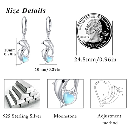 Dolphin Earrings For Women, Sterling Silver With Blue Heart Shaped Crystals Circle Hoop Earrings Ocean Nautical Cute Animal Sailor Drop Earrings For Sensitive Ears Jewelry Gift For Best Friend (Moonstone Dolphin) #TOP5
